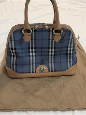 Vintage Burberrys Of London Blue Nova Check Bowling Satchel with Tan Leather